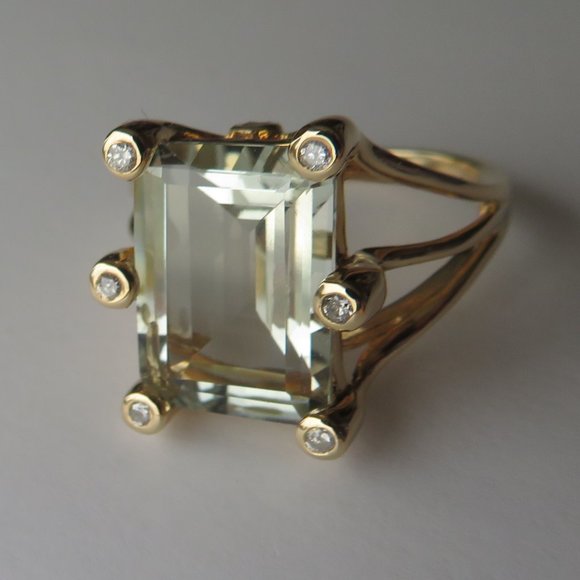 Natural Prasiolite Green Quartz Natural Diamonds 14K Yellow Gold Cocktail Ring - Picture 7 of 12